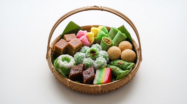 Assorted traditional Indonesian cakes called jajanan pasar including klepon, onde-onde, lapis legit, and dadar gulung in a bamboo basket with handle over white background.