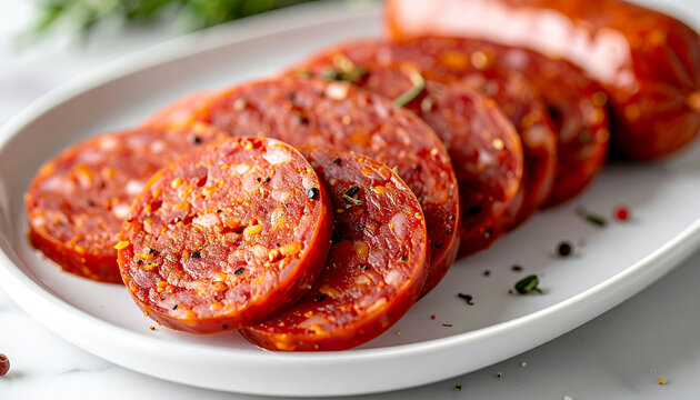 Fresh sliced spicy sausage on white ceramic plate, meat texture, rich spices and appetizing appearance, delicious snack or meal concept. Close-up.