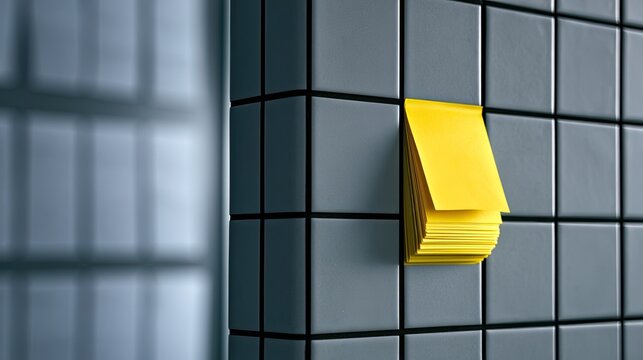 A stack of bright yellow adhesive notes stuck to a grey tiled wall