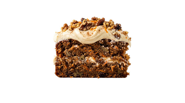 Moist carrot cake with cream cheese frosting, walnut topping, rustic bakery style, realistic texture, isolated on transparent background