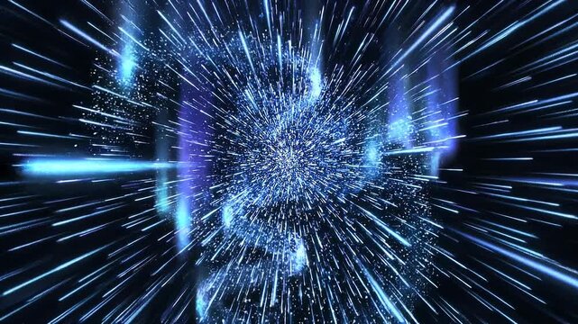 Abstract blue light burst explosion with glowing particles and dynamic motion effect in dark space