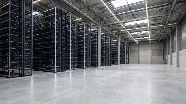 Spacious industrial warehouse interior with metal shelving.