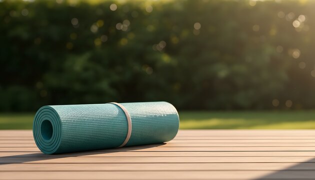 Blue exercise mat rolled up on wooden deck in sunny garden for outdoor yoga fitness classes concept with warm morning sunlight and blurred green background