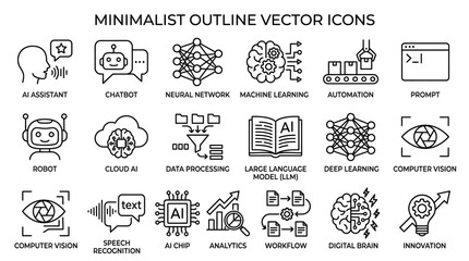 Fototapeta premium Minimalist AI Icons: Robot, Neural Network, Chatbot, Automation, Brain, Vision, Chip, Analytics