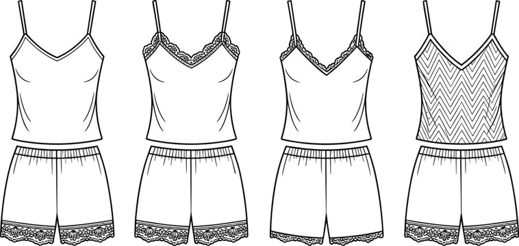 Blank women lace trim camisole and shorts sleepwear set technical sketch vector illustration flat mockup template fashion CAD drawing