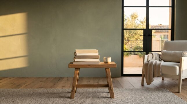Sunlit room interior with comfy chair and small wooden table.