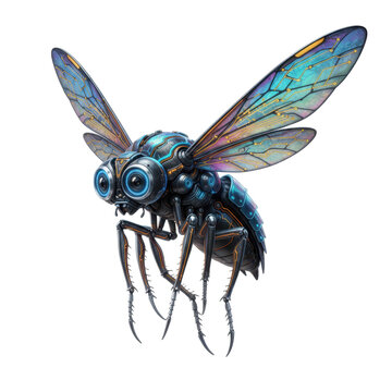 Futuristic Mechanical Flying Insect with Iridescent Cybernetic Wings