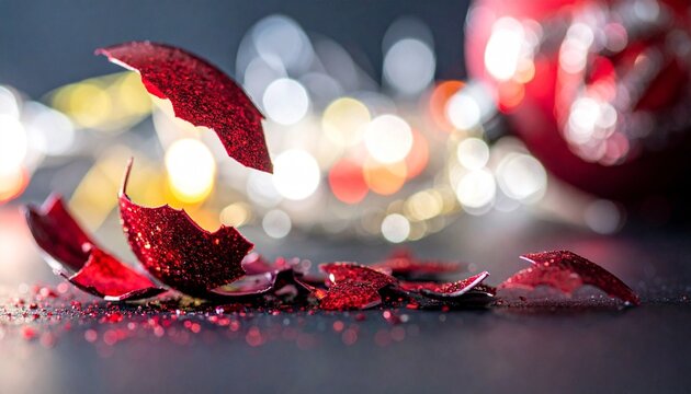 A broken red ornament glitters among festive lights, symbolizing fragility, resilience, and the bittersweet beauty of celebration amid vulnerability and fleeting moments.