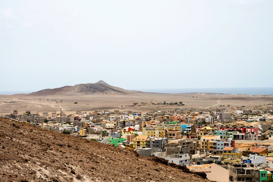 High angle view of colorful coastal town