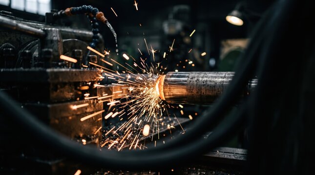 Sparks fly as a lathe shapes a metal part