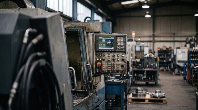 Industrial CNC machine with control panel in workshop