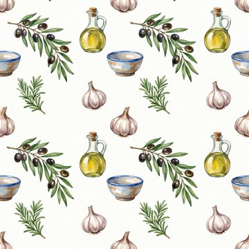 Seamless watercolor pattern featuring olive branches olive oil glass bottles garlic bulbs and rosemary sprigs on white background.
