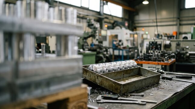 Milled metal parts on a workbench in a factory