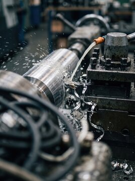 Metalworking lathe turning steel with flying shavings