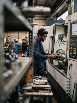 Black machinist loading a metal part into lathe