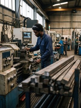 Black factory worker operating industrial lathe machine