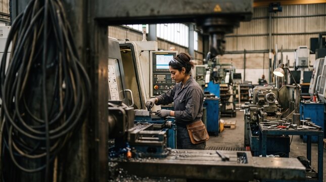 Female machinist working on a lathe in a factory