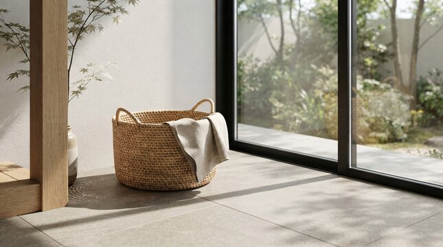 Wicker laundry basket with linen cloth in sunlit home corner.