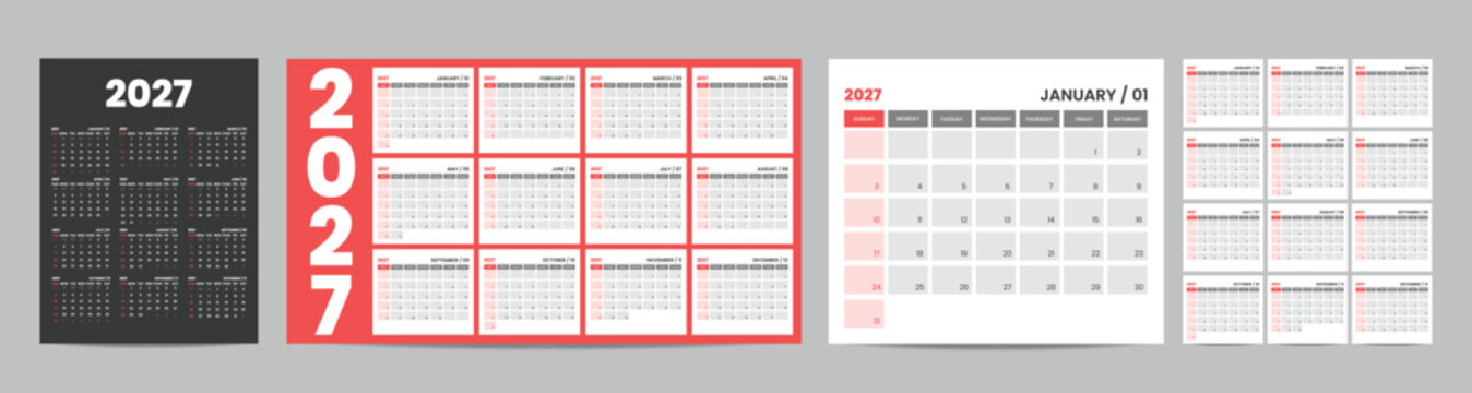 editable minimal set of calendar design 2027. Week starts on Sunday. Place for notes. Minimalist trendy design for desktop design calendar planner.