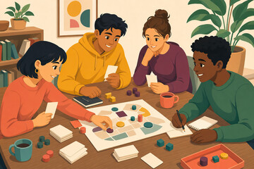 Fototapeta premium Group of diverse friends collaborating on developing a new board game, testing a prototype with game pieces and cards