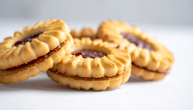Round golden cookies with sweet jam filling, delicious homemade snack, soft blurred cafe atmosphere, appetizing dessert treat, tasty food. Close-up.