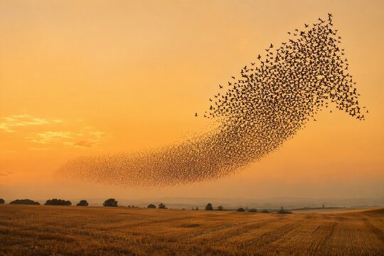 Close view of starling swarm edge shaping arrow at dusk