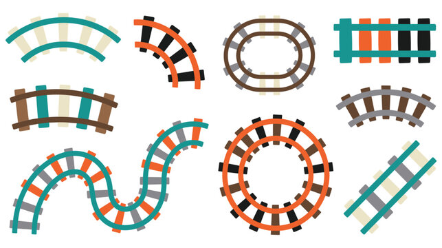 Colorful train track elements and curves for building railway routes.