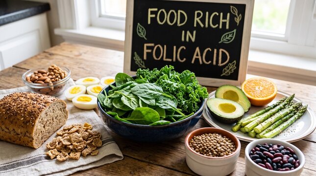 Assortment of healthy foods rich in folic acid displayed on a wooden table with a chalkboard sign