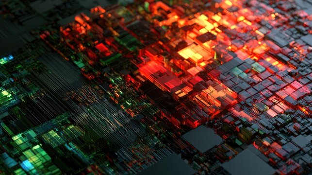 Abstract digital circuitry with glowing red and green geometric forms