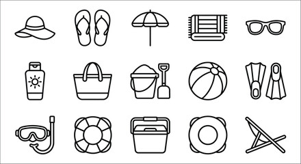 Summer Vacation Icons Collection Black Line Art On White Background beachwear holiday sunshade footwear sandals © Vactor media 
