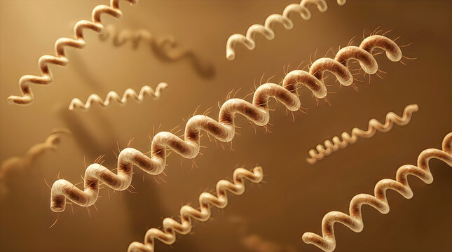 Detailed Scientific Visualization of Coiled Spirochete Bacterial Structures with Segmented Ridged Surface and Hair-Like Cilia in Sepia Brown Microscopic Environment