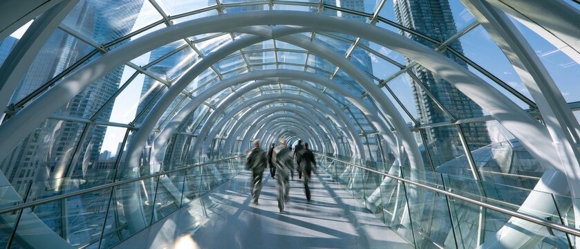People walk through a curved glass skywalk between modern skyscrapers