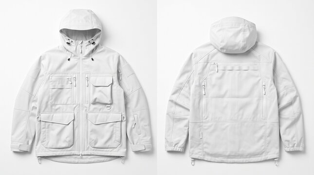 White Technical Tactical Jacket Front and Back View Mockup Isolated on White
