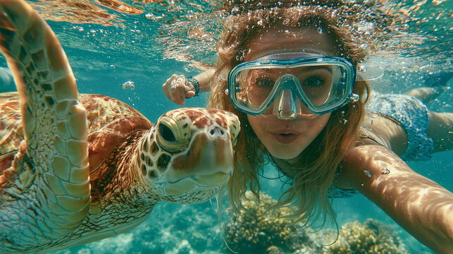 Close up , a woman diving underwater and selfy with a turtle.