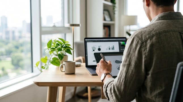 Creative designer using tablet and stylus to create digital artwork and illustrations on laptop screen, seated at cozy home office desk with city skyline view through window