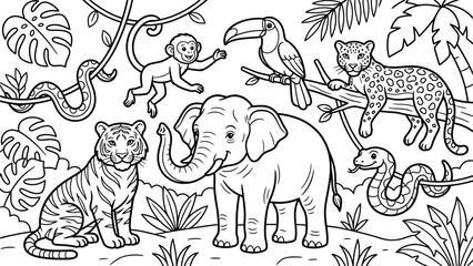 Obraz premium Jungle Animals And Foliage Vector Illustration Black And White Line Art