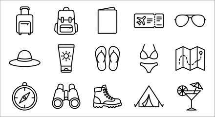 Fototapeta premium Travel icons set featuring suitcase backpack passport tickets and sunglasses in line style adventure aerial
