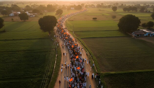 Aerial drone view of the endless walking procession of warkaris during the traditional pandharpur wari pilgrimage in countryside for spiritual journey concept