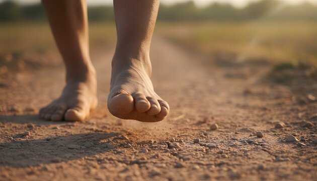 Low angle close-up of bare feet of pilgrims walking on a rough dirt path during Pandharpur Wari pilgrimage for spiritual journey, devotion and faith concept