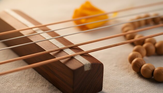 Macro shot of the traditional veena instrument strings and prayer beads, representing devotional music and spirituality during Pandharpur Wari pilgrimage for faith concept