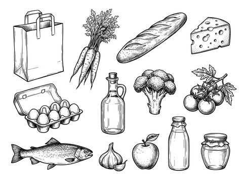 Food and grocery hand drawn vector set, vintage ink sketch of market ingredients, isolated elements