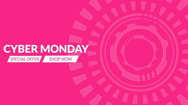 Seamless looping background animation of Cyber Monday text and rotating abstract tech elements on pink magenta with text copy space. Flat style promo frame banner template design concept
