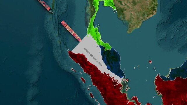 Cargo ships navigating the vital Strait of Malacca in global trade motion video