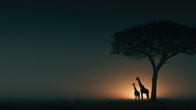 Giraffes Under Stars in African Savannah at Night