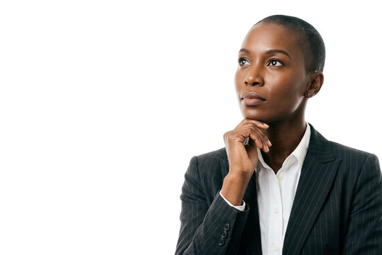 Woman looks thoughtful while wearing a formal suit. She stands against a white background, allowing for clear branding and messaging. Concept of business, decision making, professionalism