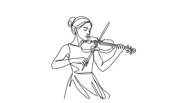Abstract One Line Girl Playing Violin Vector Outline Illustration
