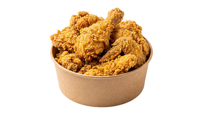 A golden crispy fried chicken bucket overflowing with crunchy chicken pieces, perfectly seasoned coating, realistic texture, appetizing appearance, isolated on transparent background