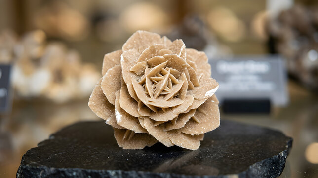 Desert Rose Crystal Specimen Closeup, Natural Gypsum Barite Mineral Rosette Cluster, Rare Geological Formation Stone Displayed on Black Slate Base, Rough Rock Specimen for Collectors and Home Decor
