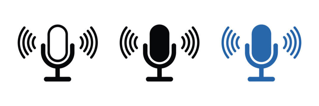 Microphone Icon with voice recording and sound waves in outline and solid black styles for podcast audio vector illustration