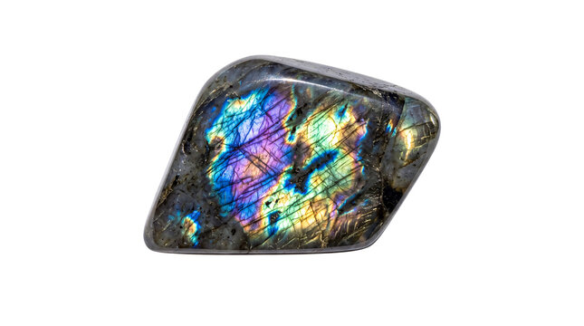 Iridescent labradorite gemstone with blue and purple flash, polished labradorite crystal, mystical healing stone for jewelry isolated PNG with Transparent Background